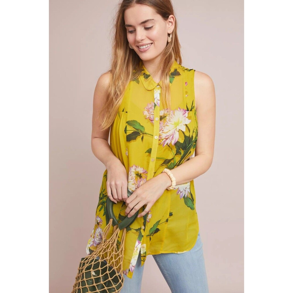 Anthropologie Maeve  Yellow Gold Floral Sleeveless Buttondown  Size 6